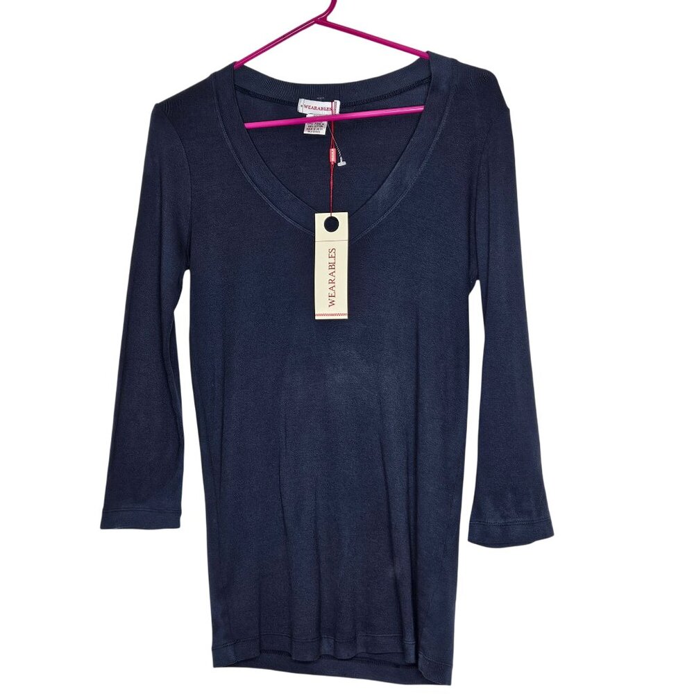 Wearables Navy Blue V-Neck 3/4 Sleeve Top S Cotton Pre-Shrunk Lightweight‎